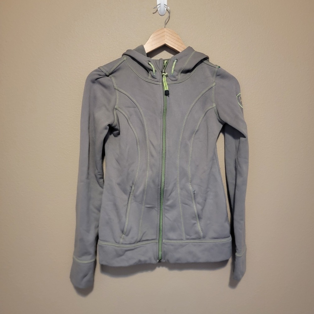 Kuhl Hoodie Womens XS Green Gray Full Zip Thumb Holes Hike Outdoors Stretch